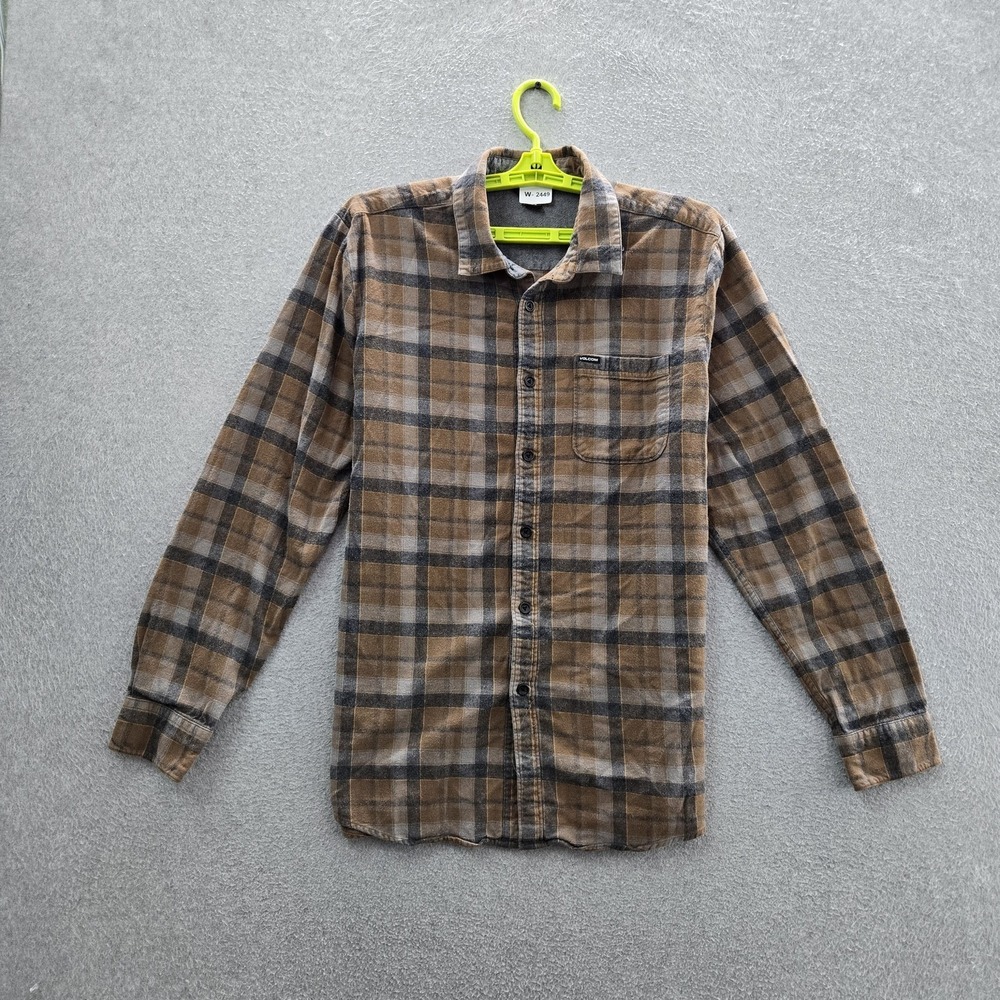 Volcom Men Button Up Shirt XL Brown Plaid Flannel Shirt Grunge Slim Skater